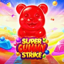 Ficha de Super Gummy Strike: ositos de goma de colores sobre fondo celeste