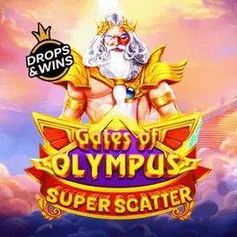 Ficha de Gates of Olympus Super Scatter: figura barbada con rayos sobre nubes doradas