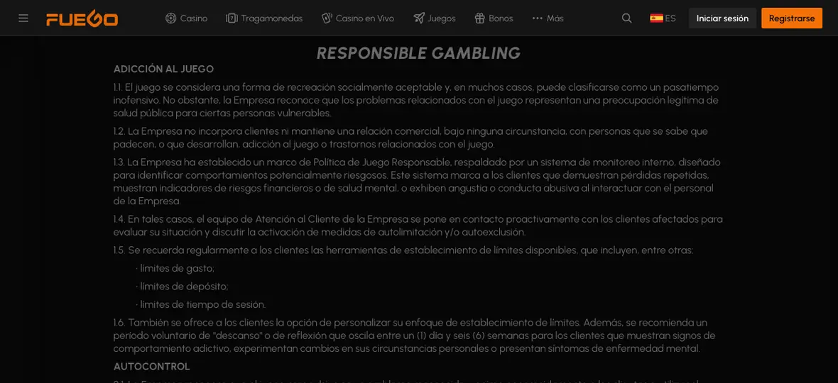 Página de juego responsable de la plataforma con el listado de herramientas de límite y autoexclusión
