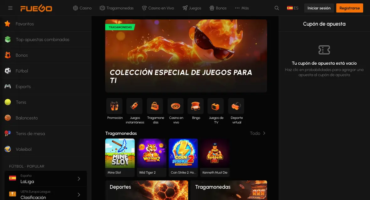 Tablero de deportes de la plataforma con el listado de fútbol popular, esports y el resto de las disciplinas en la barra lateral